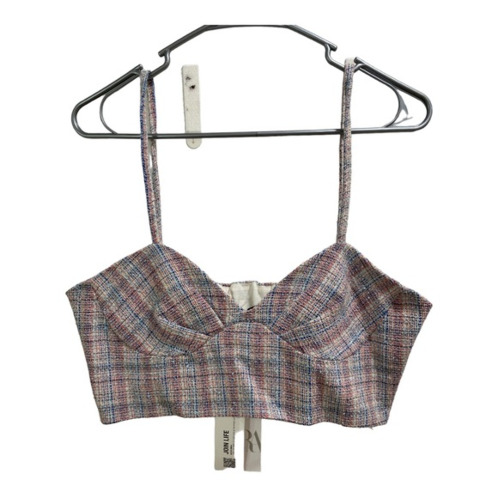 Zara Checkered Plaid Tweed Bustier Corset Crop Top Pink Multicolored size Medium